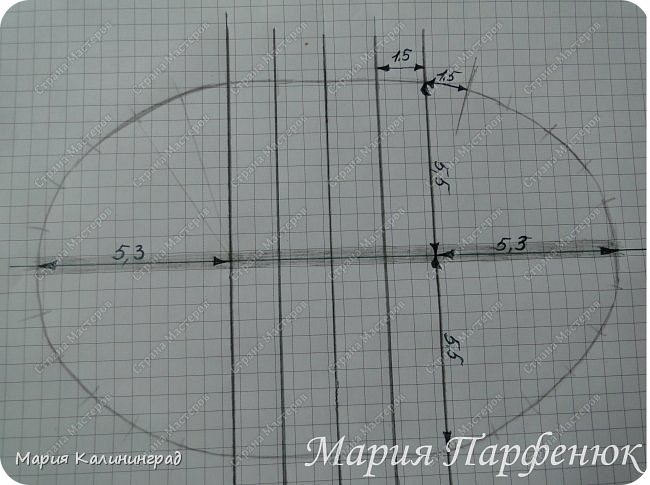 Обрисовываем форму ,которую будем оплетать ,измеряем ширину у меня это 11 см. , делим пополам получается 5.5 , значит этот размер Мы должны отметить и там будет располагаться крайняя стойка . Я люблю когда стоечки расположены довольно часто , поэтому в центре между стойками сделала 1.5 см. соответственно надо и наметки для добавления стоечек разметить на таком же расстоянии. Лучше на полукруге размечать чётное количество стоек для равномерного добавления, но я лёгких путей не ищу ..... (фото 2)
