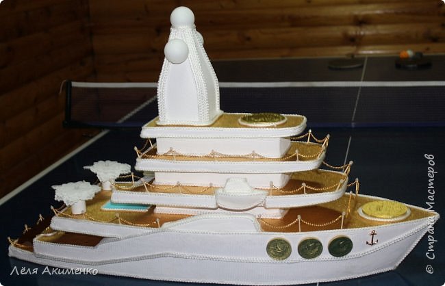 Видела на сайте яхту Ольkи 2014 https://podjem-tal.ru/node/879663. Олька в свою очередь была вдохновлена работами Юлии Маховой http://mamayulia.gallery.ru/watch?a=SFa-lFJ3 http://mamayulia.gallery.ru/watch?a=SFa-lRJl.
У меня было огромное желание создать такую же красоту, и вот подвернулся случай - день рождения друга. Сразу скажу, что работу делала 2 недели, но только тогда, когда было свободное время. А мастер-класс решила выставить для тех, кто хочет сделать такой корабль, но не решается. Не бойтесь, потому что всегда все можно сделать, а если есть проблемы, то их можно исправить и поправить с помощью своих золотых ручек.
Итак, яхта. Длина 85 см, высота 45 см, ширина 35 см. (фото 1)