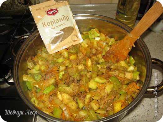 Добавляем кориандр и солим по вкусу.Потом будем доводить до нужного вкуса.
Ставим тушить на маленький огонь под закрытой крышкой(примерно на 1 час). (фото 10)