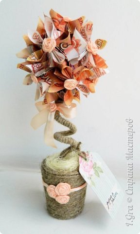 #3.
ТОПИАРИЙ С КУСУДАМОЙ "SUMMER BOUQUET" | August 24, 2015
МК | <a href="http://kusudama.info/2012/08/floristry-2-tutorial/">Наталья Романенко</a>.
Размер бумаги | 6,7*6,7 cm; 3,8*3,8
Диаметр | ~ ? cm
Количество модулей | 30+20
Купюры | 30*5000/2 + 20*500/4 = 77500 руб.
Высота: ~ ? cm
(фото 3)