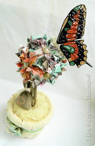 #2.
ТОПИАРИЙ С КУСУДАМОЙ "NADIN" | July 01, 2015
МК | <a href="http://kusudama.info/2012/07/nadine-tutorial/">Наталья Романенко</a>
Размер бумаги | 6,7*6,7 cm; 3,8*3,8
Диаметр | ~ 10 cm
Количество модулей | 29+20
Купюры | (10*5000/2 + 9*1000/2 + 10*500/2) + (10*1000/4 + 10*500/4) = 35750 руб.
Высота: ~ 30 cm (с бабочкой 37 cm) (фото 2)