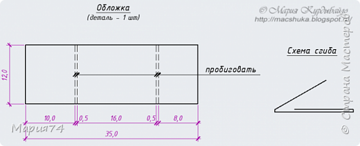 Ну, и схемы деталей альбома с размерами. Я их начертила по видео-МК из интернета (https://www.youtube.com/watch?v=eqTvhKjjSk0 ). Но вот сделав первый пробный альбом, может быть откорректировала обложку - увеличила бы донышко обложки на пару-тройку мм - так как получаются одинаковые размеры с вкладываемой раскладушкой, чисто на свободу облегания и на кривые руки исполнителя))) Я как раз накосячила слегка и у меня получилось дно обложки чуть меньше. И ещё - корешок надо бы сделать потолще - тут по схеме он 0,5см, а сам альбомчик у меня получился 1,5-1,8см. При завязке на ленту сойдет, но когда потолще - смотрится аккуратнее (фото 31)
