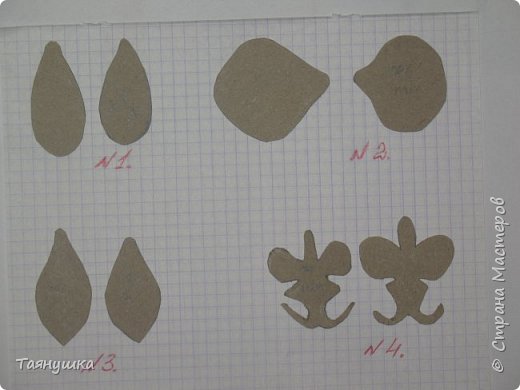 РАСКРОЙ и ГОФРИРОВАНИЕ Цветка.  Из плотного картона я вырезала шаблоны. Вот размеры. Радужная орхидейка у меня из больших шаблонов.  (фото 3)