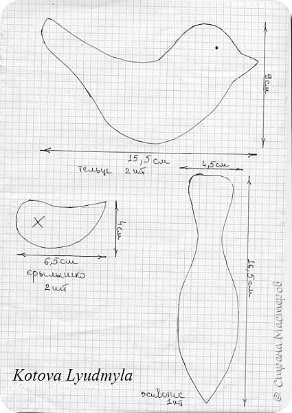 На фото ниже моя выкройка. Хочу обратить особое внимание на то, что деталей тельца и крылышка должно быть по две штуки и они должны быть в зеркальном отображении. Я, чтоб упростить себе работу, вырезала по одной детали из бумаги, но обязательно подписывала где лицо, а где изнанка. 
На одно крылышко понадобится две зеркальные детали, то есть на два - четыре детали.

Кроме выкройки понадобятся:
  - сама ткань, из которой будем шить птичек
  - ткань с другим рисунком для крылышка или животика (по желанию)
  - флизелин (если ткань тонкая, очень его рекомендую, это избавит вас от некрасивых выпирающих комков при наполнении птички ватой или синтепоном) 
  - нитки, ручка, острые ножницы
  - бусины для глазика
  - и конечно всевозможный декор по вашему вкусу и желанию для украшательства
 (фото 3)