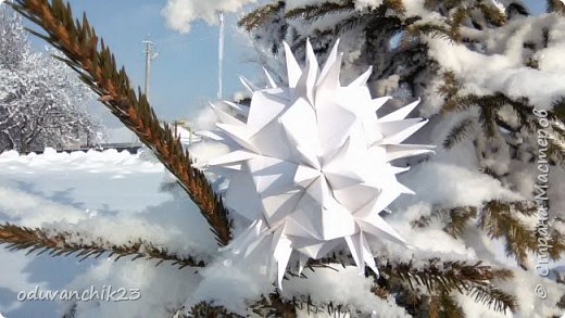 Схему нашла в Origami Tanteidan magazine 144, р 6-7, Spiky Cube, добавила в конце еще один шаг что бы лучше держалось при сборке из 30 модулей.

Parts: 30
Paper's size: 7*7 cm
Joined with : nothing
Final height: 12 cm (фото 10)