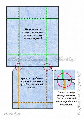 Далее делаю биговку. Это – очень ответственный этап. От него зависит, насколько аккуратными будут сгибы и как точно крышка ляжет на нижнюю часть. Тут есть особенность: на крышке линии продавливаем с внешней стороны линий разметки , а биговку нижней части коробочки делаем  с внутренней стороны линий разметки. Получается небольшой зазор между линиями сгиба, что позволяет крышке нормально надеться на коробку. (фото 6)