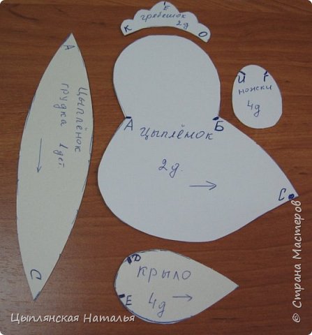 Детали для цыпленка:
Туловище 2 дет
Грудка -1 дет
Лапки -4 дет
Крылышки -4 д
Гребешок – 2 дет
 (фото 3)