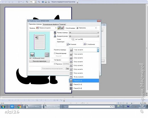 Далее нажимаем кнопку печать и залазим в настройки своего принтера. Где-то в меню должна быть кнопка плакат и далее указанны размеры плаката, чем больше частей - тем больше будет рисунок. Для простоты примера возьмем самый маленький 2Х2 (фото 3)
