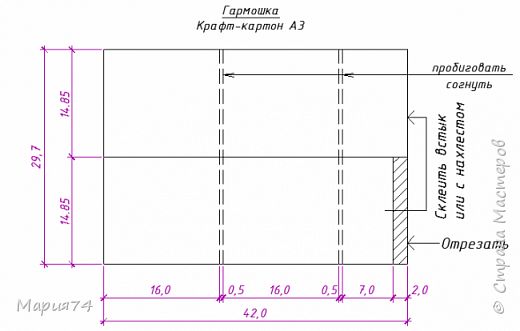 Вот такой альбомчик. Теперь немножко технических деталей.
 На основу взяла крафт-картон формата А-3, как раз взяла папочку для эскизов - чтобы было))). На гармошку хватило 1 листа (см. схему) - в отходы ушел кусочек 2см (на схеме заштриховано. (фото 23)