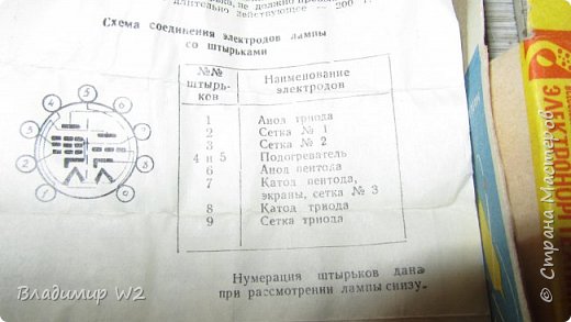  Чтобы лампа светилась. Нужно накинуть провода на подогреватель; штырьки 4 и 5. Питание  - 6,3 В. 
От батареек эта штука работать не будет, поэтому берём старую зарядку для телефона, зачищаем провода на зарядке и втыкаем зарядник в розетку. (фото 2)