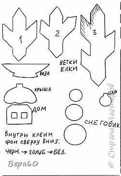 Специально загрузила  как бы увеличенный вариант открытки -его можно распечатать на А4, но будет только передняя часть открытки, заднюю часть придется подклеивать . В том же формате распечатаются шаблоны еловых веток и домика.  (фото 14)