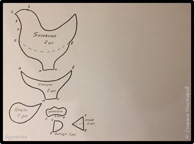 Шаг №1
Выкройку можно распечатать на листе  А4 или перерисовать с монитора компьютера. Выкройка прилагается к мастер-классу отдельным файлом в формате JPEG.
Сразу хочу заметить, сшить Петушка можно из любой ткани, в нашем случае,  это будет фетр. Если у Вас мало опыта, можно сделать его чуть больше размером,  что бы было легче выворачивать. Для этого я использую деревянную палочку от суши.
Выкраиваем детали туловища и брюшка из фетра серого цвета

Выкройка:
 (фото 3)