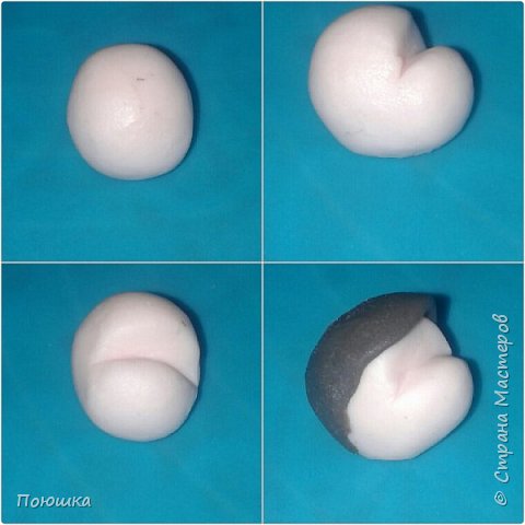 Лепим из светло-розовой мастики шарик, стеком формируем мордочку. Делаем из темно-коричневой мастики лепешку и размазываем ее по голове до самой шеи. (фото 2)