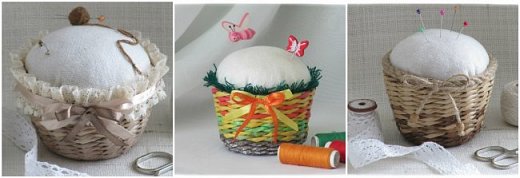 И напоследок покажу вам игольницы-малышки (высота 7 см.), которые могут стать хорошими подарками на 8 марта для женщин- рукодельниц. На создание одной игольницы у меня ушло всего 2 часа. Плела остатками трубочек. На плетение одной игольницы вам понадобится около 50 трубочек.
(фото 33)