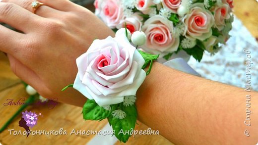Свадебный букет, букет дублер "Розовая нежность" + бутоньерки ручной работы из фоамирана (фото 5)
