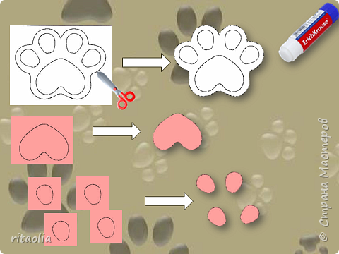 Раздаем детям предварительно распечатанные на бумаге для принтера любого цвета "лапки".
1. Вырезаем "лапы" по контуру.
2. Из бумаги розового оттенка вырезаем "сердечки"-серединки лапки и "пальчики". (Для маленьких мастеров эти детали можно сделать
 фигурным дыроколом).
3. Розовые детали приклеить на основание лапки. (фото 5)