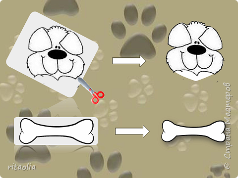 Вырезаем мордочку и косточку. (Мордочка и косточка, так же как и лапки, распечатаны заранее.)
Для детей постарще эти детали можно наклеить на более твердую бумагу или картон и вырезать еще раз. (фото 6)