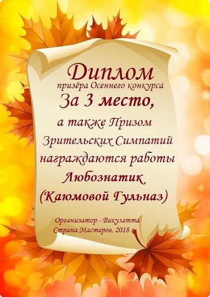 А я знаю, что вы сейчас скажете!) "Таких комментариев для каждой работы было много"
Но я всё равно считаю, что автор этих более, чем достойна! А потому - Гульназ, искренне поздравляю тебя с Призом Зрительских симпатий, а также с призовым третьим местом!
https://podjem-tal.ru/user/350589 - профиль этой чудесной мастерицы. (фото 36)