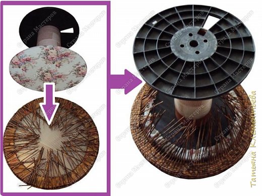 Переворачиваем столешницу, проплетаем 5см и ставим катушку в середину. Смотри на фото. (фото 12)