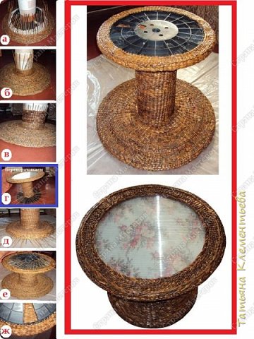 Далее плетём по контуру катушки. Покрываем плетеную часть клеем ПВА, просушиваем и наносим акриловый лак. Столик просушиваем ещё несколько часов. Столик готов. (фото 14)