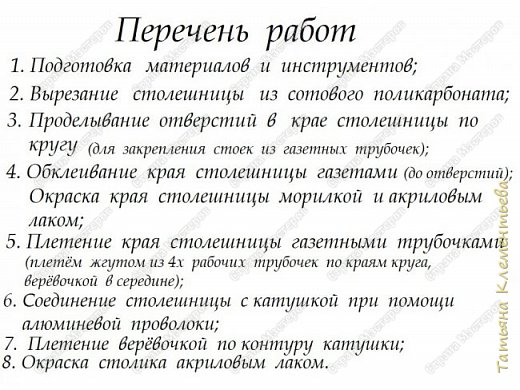 Ниже на фото  помещён перечень работ. Самое главное -это подготовка. Нужно накрутить трубочки из газетных полосок. Их ушло около 950 штук. Окрашивать нужно непосредственно перед плетением небольшими пучками, когда подготовлена катушка и столешница. (фото 4)