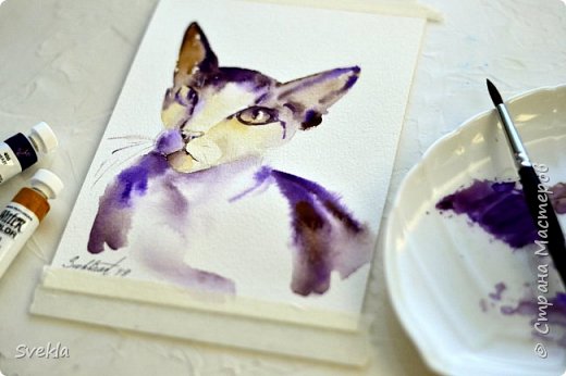 Как нарисовать кота АКВАРЕЛЬЮ, используя только 2 цвета. (фото 2)