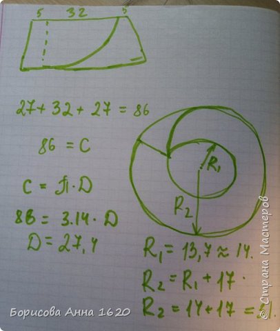 Делаем расчет для юбки: я планирую юбку с запахом, ширина запаха 22 см. Ширина спинку 32 см, ширина двух деталей переда 27 см. Длина окружности 86см. Из курса геометрии берем формулу длины окружности и находим диаметр, затем радиус первый 14 см. К первому радиусу прибавляем длину юбки, получаем второй радиус 31см. (фото 27)