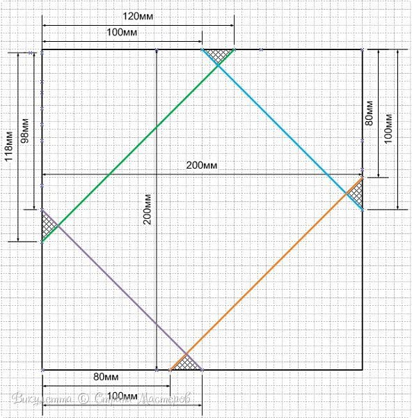 Начинаем работу с конверта - наносим разметку на лист белой бумаги 20х20 см в соответствии с чертежом. При этом, цветные линии совершенно не обязательно чертить - можно провести инструментом для биговки. Точно такой же конверт можно сделать с помощью специальной доски, но не у всех она есть, поэтому я сделала чертеж) (фото 4)