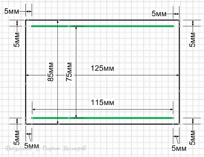 На прямоугольнике белой бумаги 12,5х8,5 см делаем прорези. Зелененькие на чертеже - это как раз они)
В отличие от прорезей для подложек, эти должны быть функциональны, поэтому делаем их шириной 2-2,5 мм. (фото 24)