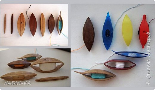 А теперь о том, как они сделаны. 
Фриволите - это челночное кружево, т.е. оно плетется обычно 2 челноками. В редких случаях можно плести одним челноком, тогда вторая нить идет непосредственно от клубка.
Если на челноке есть острый носик или встроенный крючок (как на красном челноке с фото), то тогда для плетения больше ничего не нужно. А если челнок ровный, то еще нужен тонкий вязальный крючок №1-1,5, чтобы вытягивать нить при соединении элементов рисунка.
Мелкие вещи, такие как сережки, можно делать на длинной игле. По виду они ничем не отличаются от сплетенных на челноках. (фото 4)