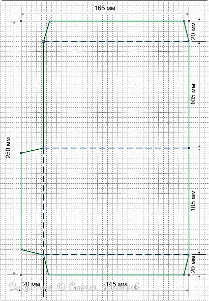 В первую очередь берем лист акварельной бумаги размером 16,5х25 см и превращаем его в штуку, изображенную на чертеже, где зеленые - линии реза, а синий пунктир - линии бига. (фото 4)