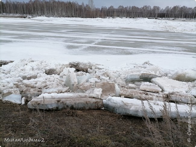 вот это гладкое поле - это все одна льдина!... А за ней видно нагромождение льдин, на у реки не хватает мощномти продавить, или сломать эту большую льдину. Холодно, солнца нет. (фото 65)