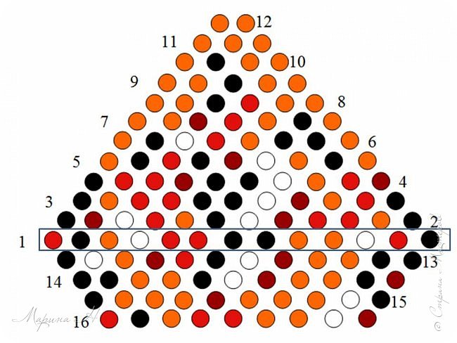 Здесь я выделила первый ряд. Кружочки обозначены разными цветами - это и есть цвета нашего бисера (красный, черный, оранжевый,белый и начиная со второго ряда появляется коричневый цвет)  (фото 7)