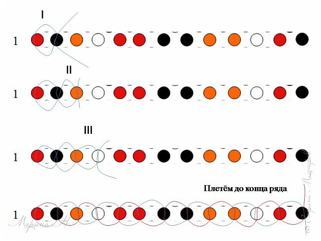 Схема плетения первого ряда. Это для тех, кто легче ориентируется по схемам. Далее будем пошагово рассматривать плетение (фото 9)