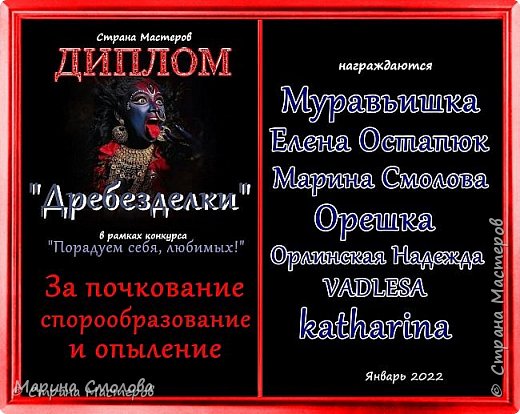 Вот этим дипломом - горжусь особенно!!! Как же он мне нравится!!! А если учесть, что это мои первые дипломы - я вообще в восторге. Ну и что, что не за работы. Но ведь конкурс и называется "Порадуем себя любимых!" Не знаю как Вы, а я порадовалась по полной программе. Заряд позитива на следующий год получен! (Или это меня все-таки опылили?...) (фото 7)