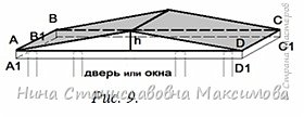 Колокольня, как мы видим, состоит из ярусов, форма которых четырехугольная призма, они постепенно уменьшаются в размерах.
Самый нижний ярус имеет основание со стороной 20 см, высоту - 18 см.  Треугольные фронтоны (Рис.9) расположены с трех сторон, так как четвертая сторона прилегает к трапезной. Фронтоны имеют форму треугольной призмы, AD=20см, DC=1,5см, h=3см. Для крепления колонн вниз прибавить 1см. В основании фронтонов прорезаны круглые отверстия для 4 колонн. Внизу колонны крепь в отверстия в верхней части параллелепипеда длиной 20 см, шириной 1,5 см, высотой 1 см. Между колоннами прорезать двустворчатые двери, как в четверике.
Второй ярус  - сторона основания – 16 см, высота - 10 см. Перед склеиванием разметить и вырезать окна, оформить рельефные арки,  используя приемы бумагопластики.
Третий ярус – сторона основания 12 см, высота 18 см. Этот ярус украсить колоннами, которые зафиксировать в параллелепипедах сверху и снизу.
Четвертый ярус – призма с арочными проёмами, сторона основания 10 см, высота 18 см.
Последний ярус, как и украшение ротонды - восьмиугольная призма,  ширина грани - 3,5 см, высота - 10 см. Форма крыши – восьмигранная пирамида к которой крепится крест. Высота креста над колокольней 30 см, над ротондой 15см. (фото 11)