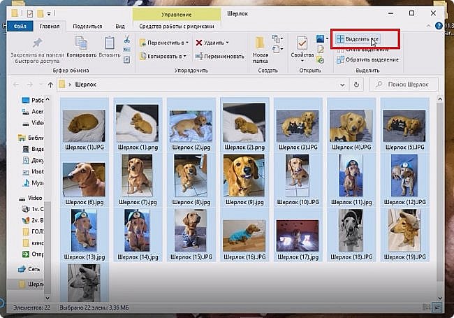 Можно выделить все фото, нажав Левой кнопкой мыши на соответствующую команду на панели Инструментов. (фото 7)