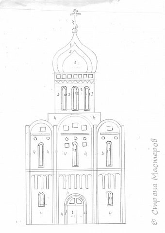 Вычерчиваем фасад церкви. Цифрами показываем номера слоев.Делаем 5 ксерокопий. На писчей бумаге будет получаться очень плохо. Я покупаю ватман, нарезаю на стандартные листы и на них печатаю ксерокопии. (фото 6)