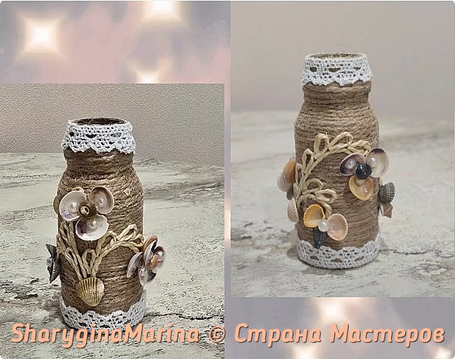 Это самая маленькая.  Декор - джутовая филигрань из отбеленноно джута,  цветы из ракушек, включая сердце вину, кружево.
 (фото 4)