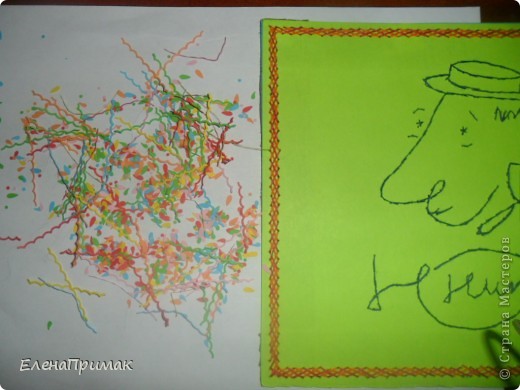 Но когда вышила рисунок мне не хватало праздника в картинке, ведь Ю.Никулин представлял профессию которая доставляет людям радость. При помощи дырокольностей разных цветов решила украсить картинку. (фото 4)