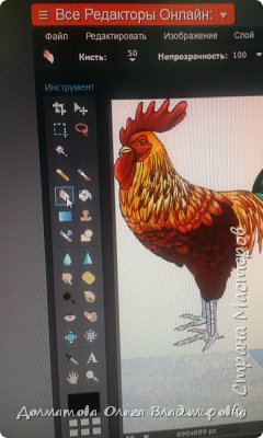 На левой панели инструментов находим ластик. Нажимаем на ластик и очищаем белые поля вокруг петуха. (фото 10)