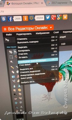 Петух слишком большой, нужно его уменьшить, чтоб вошел в наш шар. На верхней панели находим слово "Редактировать" и нажимаем "Свободное трансформирование", теперь можно уменьшить петуха и поместить в шар (фото 16)