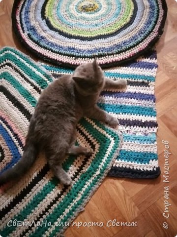 И ещё одно фото. Половички и наш домашний любимец.
Половички пробовала вязать разные: круглые большие и маленькие, прямоугольные и овальные, просто длинные дорожки. Но круглые вязать интереснее всего.
Благодарю за просмотр! Всем творческих успехов! ? (фото 7)