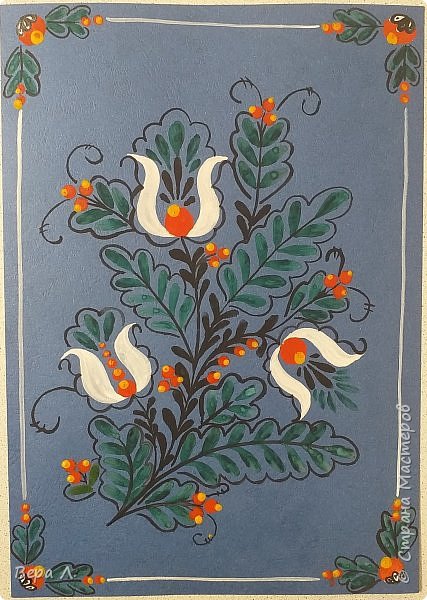 Это редкого вида роспись. Онежская (олонецкая). Основной фон - синий или зелёный.
Цветовая гамма скудная, но это не мешает росписи быть потрясающей. (фото 16)