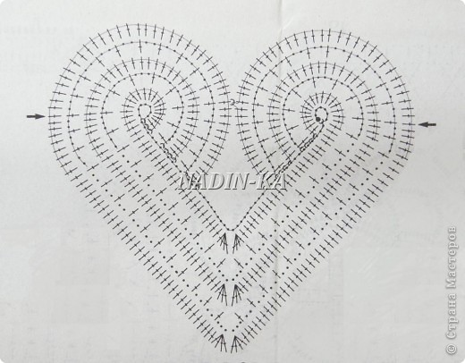 Значит для работы потребуется:
1. Полотно ткани для вашего стола (у меня 125см х 135см) 
2. Нитки "Ирис"
3. Крючок № 2-2,5
4. Иголка и катушечные нитки для подшивки изделия и обработки краев отверстий
Сначала вяжем сердечки по схеме (фото 2)