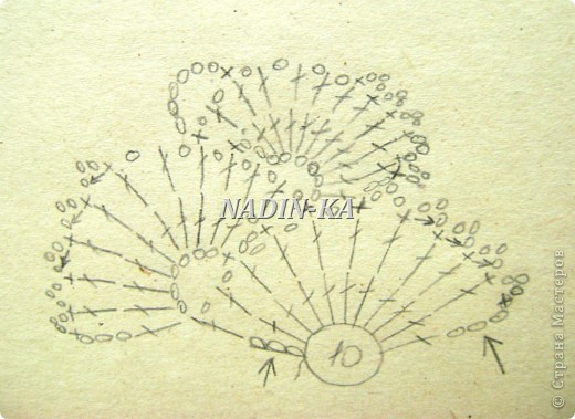 Ленточное кружево с фото 15
Схема получилась не очень понятная, поэтому прилагаю описание.
1-й мотив
Вяжем цепочку из 10 ВП (воздушных петель), замыкаем в кольцо.
3 ВП для подъема, 10 С1Н (столбиков с 1 накидом).
Вязание поворачиваем.
3 ВП для подъема + 4 ВП, СбН (столбик без накида) в 4-ю от крючка петлю, 
получилось "пико" из 3-х ВП.
* 1 С1Н, пико *, повторить еще 3 раза. (всего получилось 5 пико).
*С1Н, 1 ВП *, повторить 6 раз, в конце ряда С1Н.
2-й мотив
Вязание поворачиваем.
6 ВП, СбН в 3-й С1н предыдущего ряда.
2ВП, 1 СбН мужду 4 и 5 С1н предыдущего ряда.
Вязание поворачиваем.
10 С1Н.
Вязание поворачиваем.
3 ВП для подъема *пико, 1 С1Н* повторить 5 раз.
*1ВП,1 С1Н* повторить 5 раз, 1 ВП, СбН мужду 5 и 6-м столбиками 
предыдущего ряда.
3-й мотив
Вязание поворачиваем.
Повторяем схему второго мотива до нужной длины.
При вязании последнего мотива, между всеми С1Н делаем пико. (фото 17)
