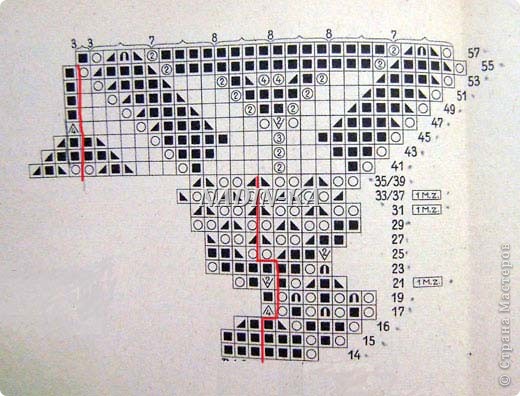 Пелерина связана по этой схеме, начиная с ряда 14.
Начало ряда отмечено красной линией, Раппорт повторяла 10 раз. (фото 5)