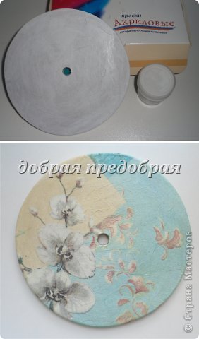 С двух сторон, получившийся диск, покрыла акриловой белой краской в три слоя. Затем, так же с двух сторон приклеила на ПВА верхний слой салфетки. После того как всё высохло, покрыла двумя слоями прозрачного лака. (фото 3)