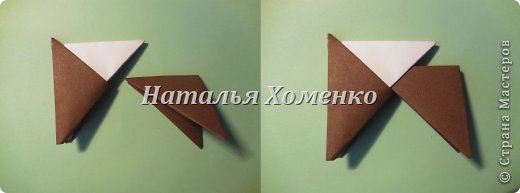 Для задних лапок возьмите коричневый модуль 1/8 А 4 (уголками вниз, короткой стороной вправо).
Вложите модуль задних лапок в модуль туловища как показано на фото
 (фото 3)